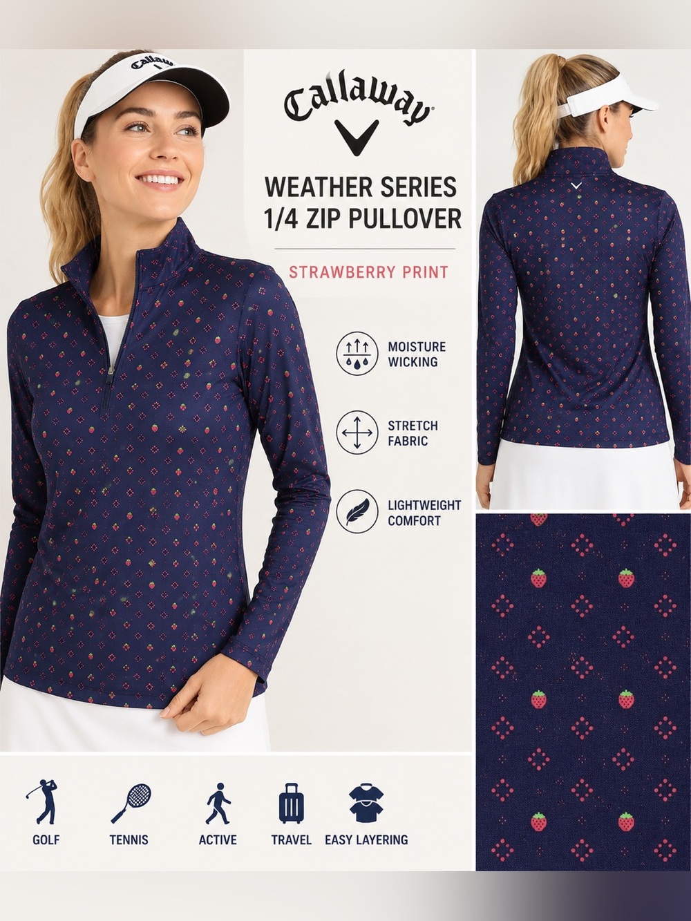 Callaway Weather Series Strawberry Print 1/4 Zip Pullover Small